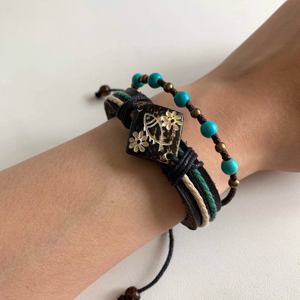 Handmade Boho Leather and Beaded Bracelet